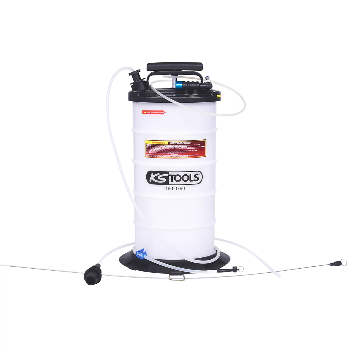 Weißer Öl-Absaugbehälter mit schwarzem Deckel und Griff. Darauf steht „KS TOOLS“. Schläuche und ein Pumpball sind zu sehen.